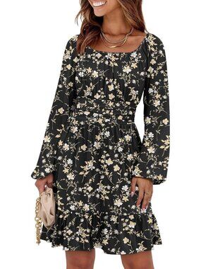 Women's Black Floral Lantern Sleeve Square Neck Elastic Waist A-Line Short Dress